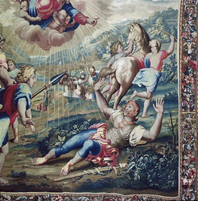 Arazzo raffigurante gli Atti degli Apostoli, la conversione di San Paolo (dettaglio) San Paolo disteso a terra, braccia alzate al cielo, tessuto presso il Laboratorio di Beauvais sotto la direzione di Philippe Behagle 1641-1705 da Raffaello Sanzio Raphael